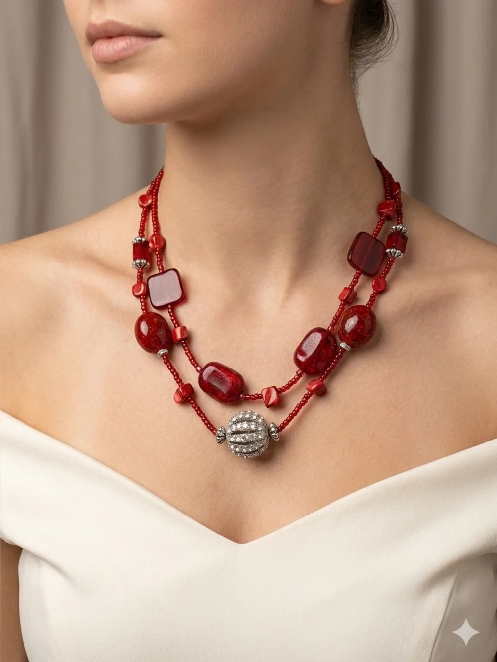 Elegant Red Beaded Two-Strand Necklace with Crystal Ball Silver Accent